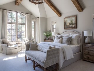 Serene bedroom interior with natural light from large window, rustic wood beams, neutral color palette, comfortable seating, and inviting atmosphere