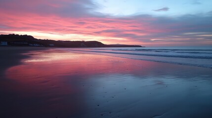 Stunning Sunset Reflection on Calm Beach with Vibrant Pink and Blue Skies