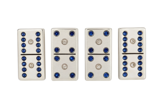 PNG Four silver dominoes with blue and white dots on black background