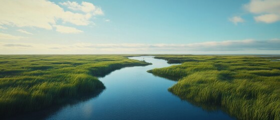 Serene Marshland Vista with Winding River Under Blue Sky Aerial View Nature Landscape Outdoors Tranquil Scene