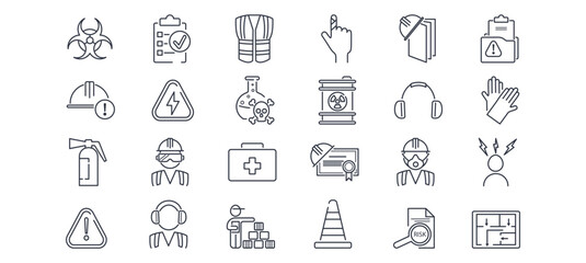 Icon showing safety, fire risk, and hazard management. Depicts accident equipment and workplace emergency protection. Linear vector for industrial use.