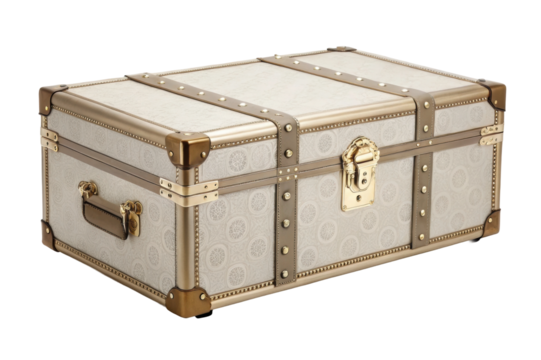 PNG Elegant vintage leather trunk with brass hardware and patterned design
