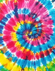 A vibrant tie-dye design featuring a swirling rainbow spiral pattern, showcasing a blend of bright colors like red, blue, yellow, and green, creating a lively, artistic effect.