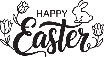 A happy easter graphic with bunny and tulips in black and white line