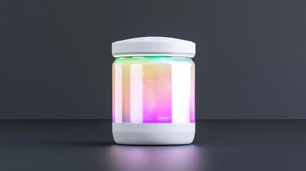 A futuristic protein shake container, holographic details, glowing edges