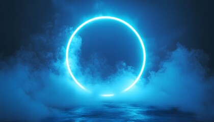 A glowing neon ring circle in a smoky, dark scene.