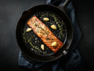 Delicious pan-seared salmon fillet with herbs and garlic.
