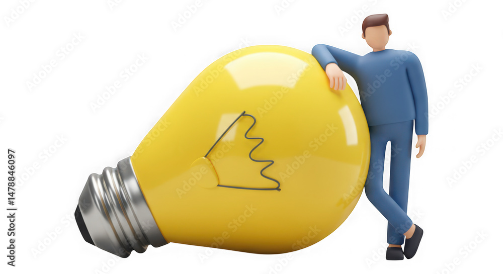 Poster man leaning on bulb isolated on transparent background