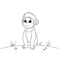 Cute Young Monkey Line Drawing in Minimalist Black and White Coloring Book Style White Sky Clouds and Terrain
