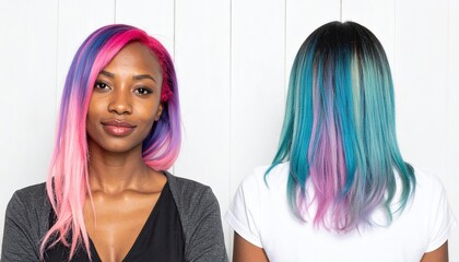 Fototapeta premium Two women stand side by side, showcasing vibrant, colorful hair in shades of blue and pink, smiling joyfully against a bright, urban backdrop.