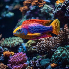 Vibrant Orange and Blue Fish Swimming in a Coral Reef Aquarium