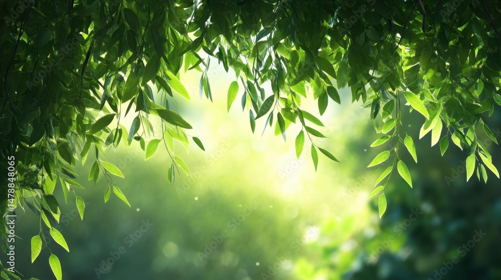 Poster sunlight filtering through green foliage canopy creating bokeh effect nature background peaceful sce
