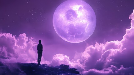 Fototapeta premium Silhouette gazing at a giant luminous moon above dreamy purple clouds
