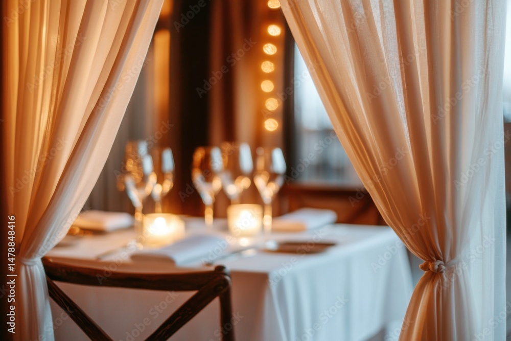 Poster romantic dinner setup with soft lighting and elegant table setting at a restaurant for a special occ