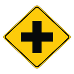 Obraz premium Crossroads, intersection ahead, yellow square warning sign with cross symbol, vector illustration.