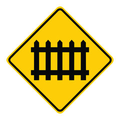 Railroad crossing ahead, rail boom gate ahead, yellow square warning sign with fence symbol, vector illustration.