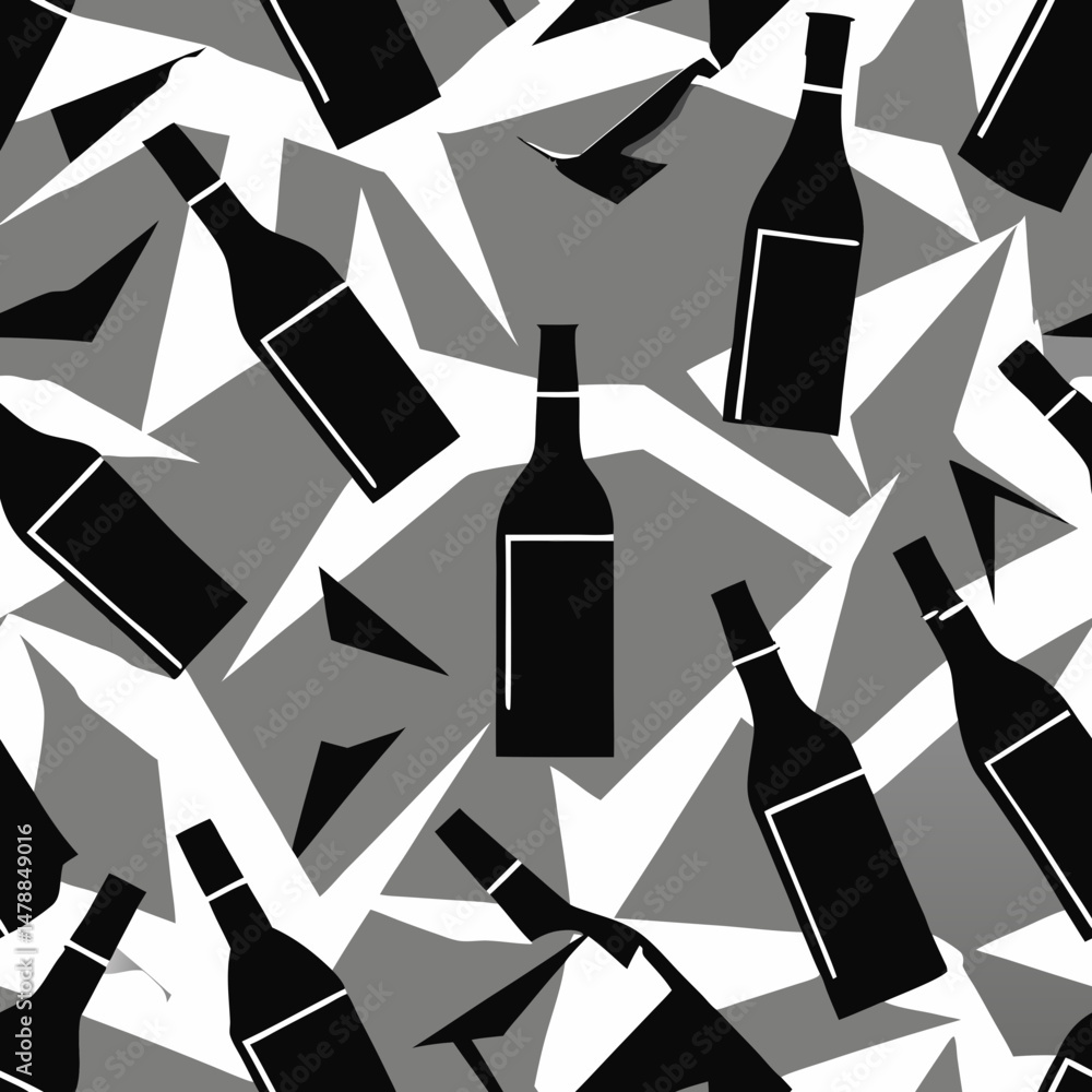 Poster black bottle seamless vector pattern on gray background