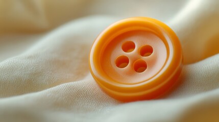 Close-up of orange button on cream fabric background