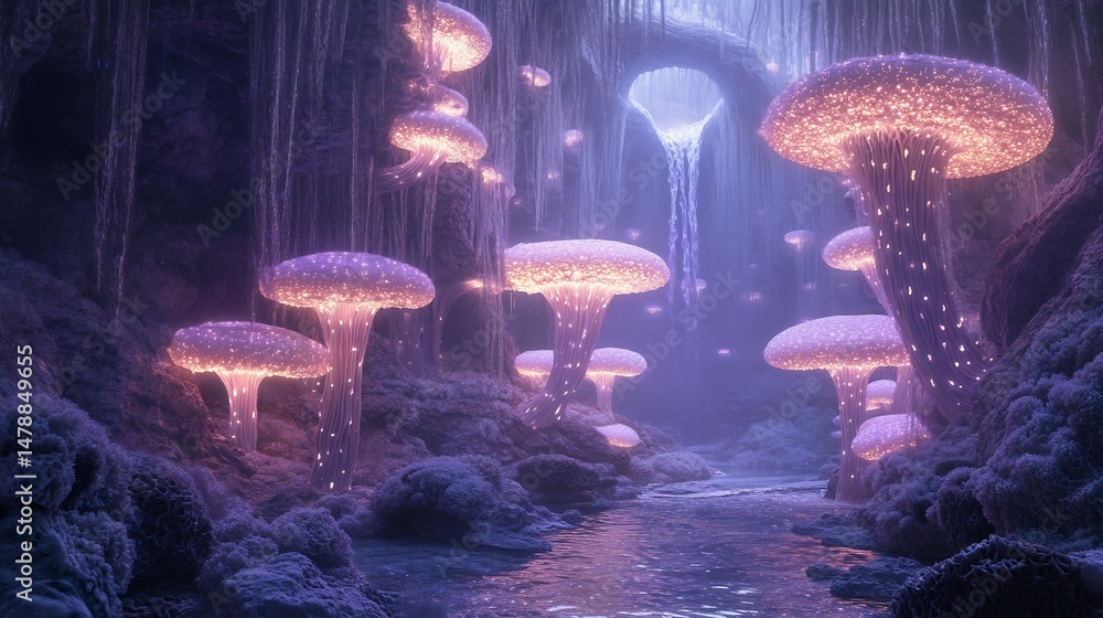 Poster Submerged alien city with bioluminescent coral structures and aquatic life glowing in the depths creating an ethereal light show