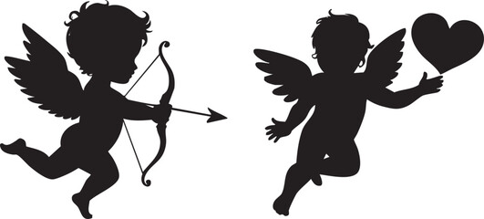 Silhouette of two cupids one with bow and arrow one with heart shape