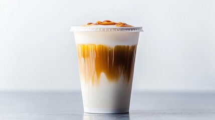 A caramel macchiato in a takeaway cup, city skyline reflection