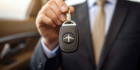 A businessman holds a luxury car key, dressed in a suit, inside a sleek vehicle, symbolizing success and sophistication.