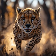 Fototapeta premium Cheetah Running Towards Camera in Dynamic Close-up