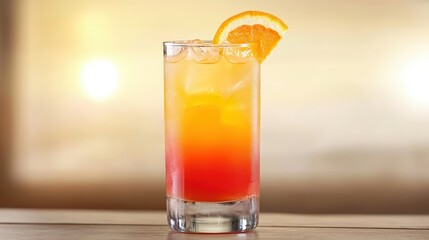 A tequila sunrise cocktail, vibrant orange hues, desert landscape
