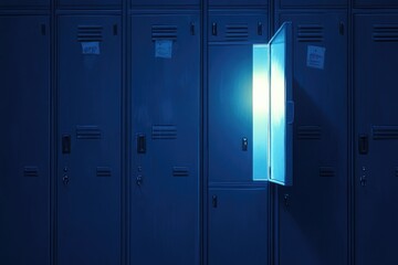 A single locker door, illuminated, stands out in a dark hallway of many closed lockers.  Inside, a soft, bright light glows, casting a soft glow on the interior
