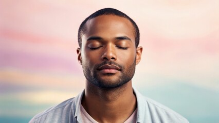 A serene man with closed eyes, embodying mindfulness against a soft, colorful background.