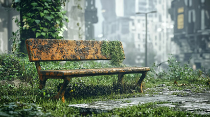 A rusted park bench stands in an overgrown, abandoned futuristic city.
