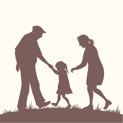Walking Pose of Grandparents with Girl Illustration