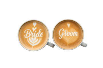 PNG Bride and groom latte art - romantic coffee cups with heart designs