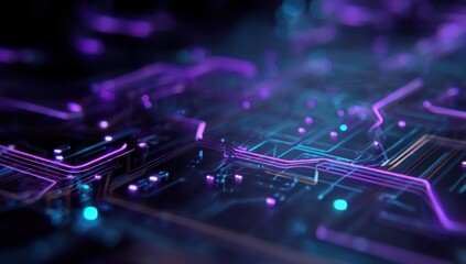 Circuit board design glowing with purple and blue, illustrating modern technology.