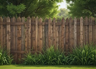 Fototapeta premium Rustic wooden fence with poster, green grass, leafy trees , advertisement, natural, spring