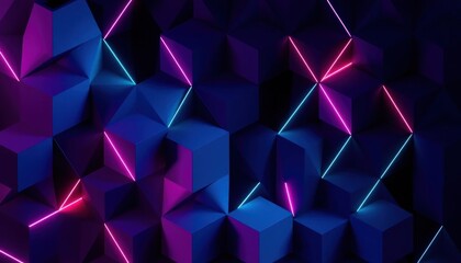 Abstract 3D Geometric Cubes with Neon Light Accents in Pink and Blue, Modern Digital Design