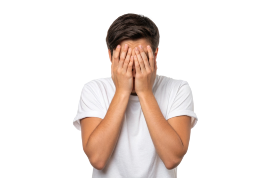 PNG Young caucasian male covering face with hands in white t-shirt on black background