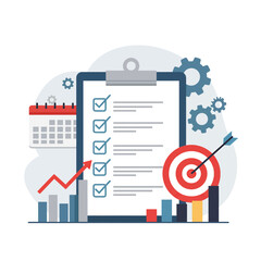 Flat style vector illustration depicting business planning, goals, checklist, and progress with charts, target, calendar, and gears. Project management icon