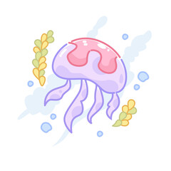a illustration of purple jellyfish with sea weed