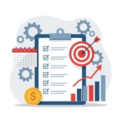 Flat style vector illustration depicting business planning, goals, checklist, and progress with charts, target, calendar, and gears. Project management icon