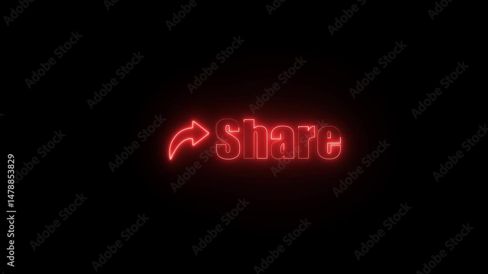 Poster glowing share button animation. neon share icon animation on black background. 4k neon share text an