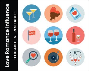 Romantic Love And Valentines Day Themed Icon Set,Flat Design Elements,Circle Backgrounds