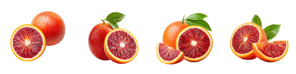Fresh, vibrant blood oranges sliced and whole, showcasing rich red flesh and bright zest, ideal for culinary dishes, healthy snacks, or vibrant beverage recipes