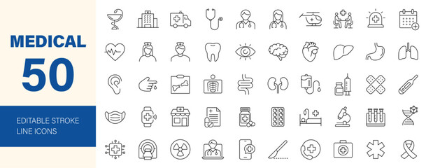 Medical icon set. Containing healthcare, doctor, hospital, ambulance, clinic, pharmacy, medicine, nurse, pills, treatment, surgery and more. Editable line icons. Vector illustration.