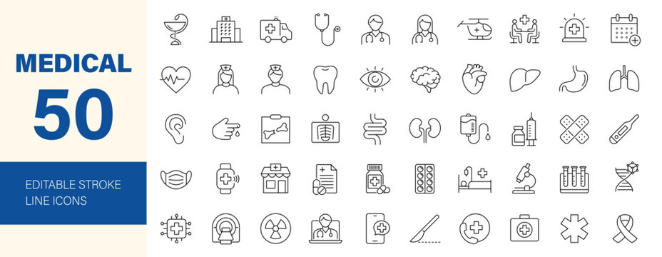 Medical icon set. Containing healthcare, doctor, hospital, ambulance, clinic, pharmacy, medicine, nurse, pills, treatment, surgery and more. Editable line icons. Vector illustration.