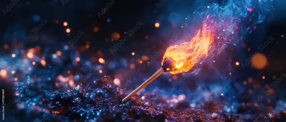 Poster lit matchstick igniting fire in dark environment close up abstract photography style concept of spar