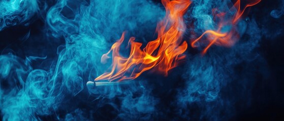 Fototapeta premium Match Igniting in Blue Smoke Close Up Abstract Shot Creative Photography Fire and Smoke Composition