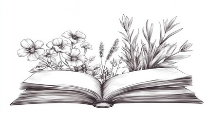 Open Book Surrounded by Beautiful Hand-Drawn Flowers and Plants