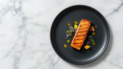 Grilled salmon fillet garnished with edible flowers on dark plate.