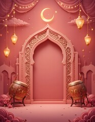 Ramadan Scene with Moon, Arch, and Lanterns